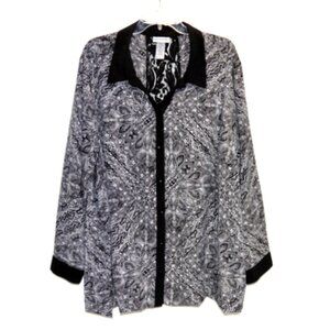 Catherines Women's Black & White Paisley Print V-Neck Button Down Top - Size: 3X